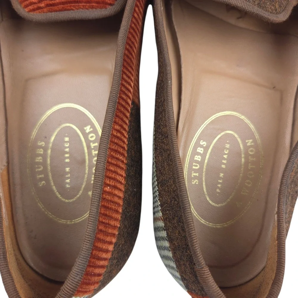 RARE Stubbs & Wootton Mismatched Patchwork Smoking Loafers 11 Brown Houndstooth